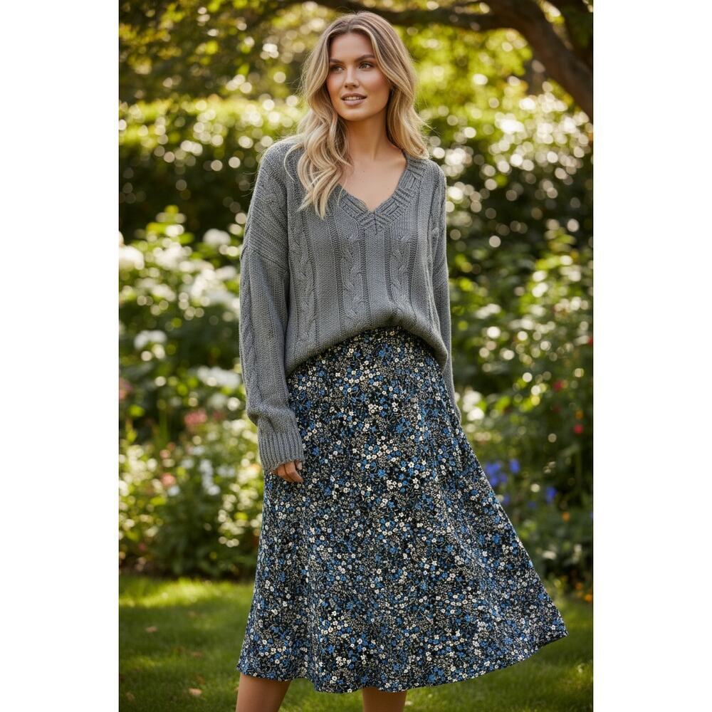 Christopher & Banks Blue Floral Midi Skirt Size 10 Women Cottagecore Boho
